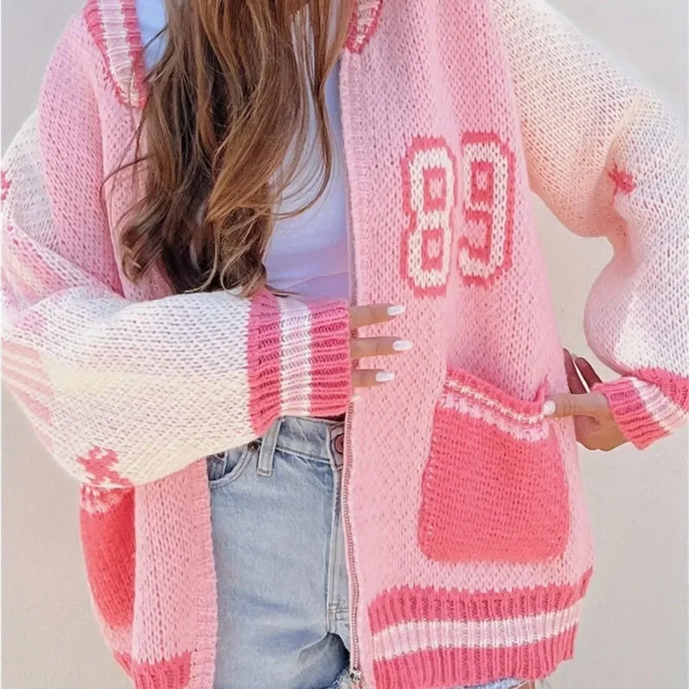 LAST ONE Pink and White Oversized Cardigan with Sporty Accents